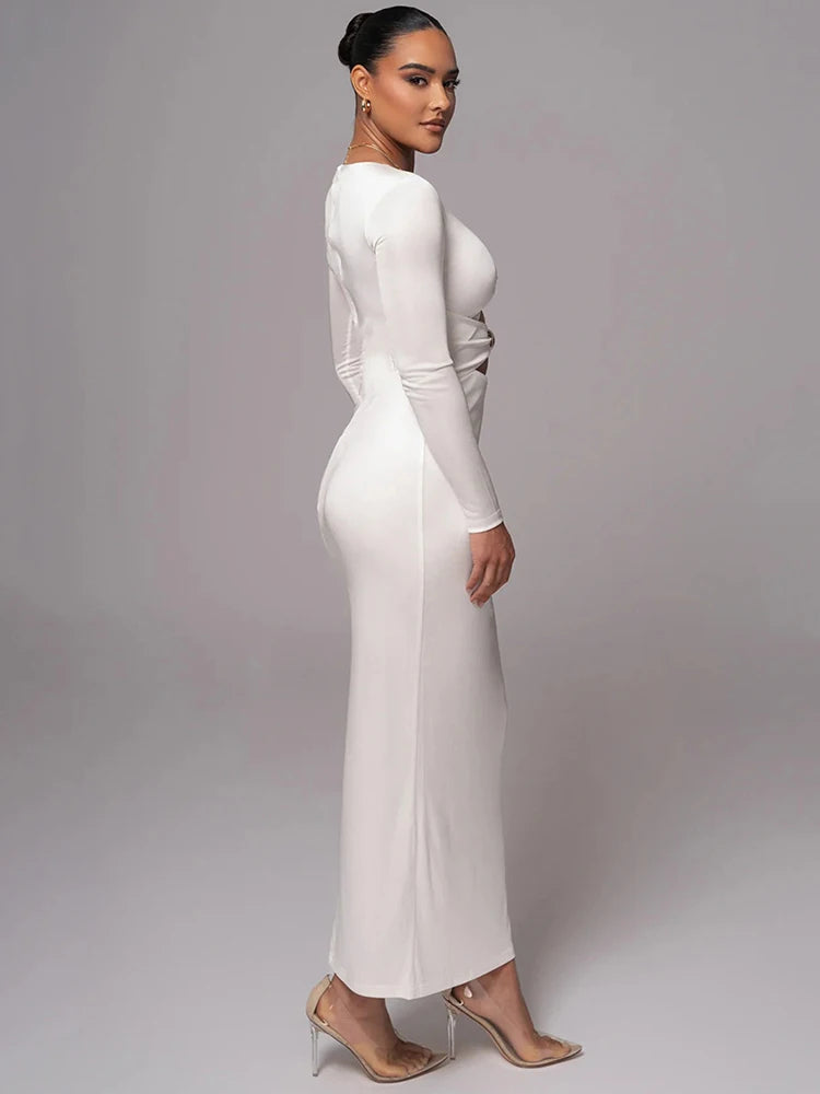 Mozision hollow out long sleeve sexy maxi dress for women fashion solid V neck back split bodycon club long dress elegant