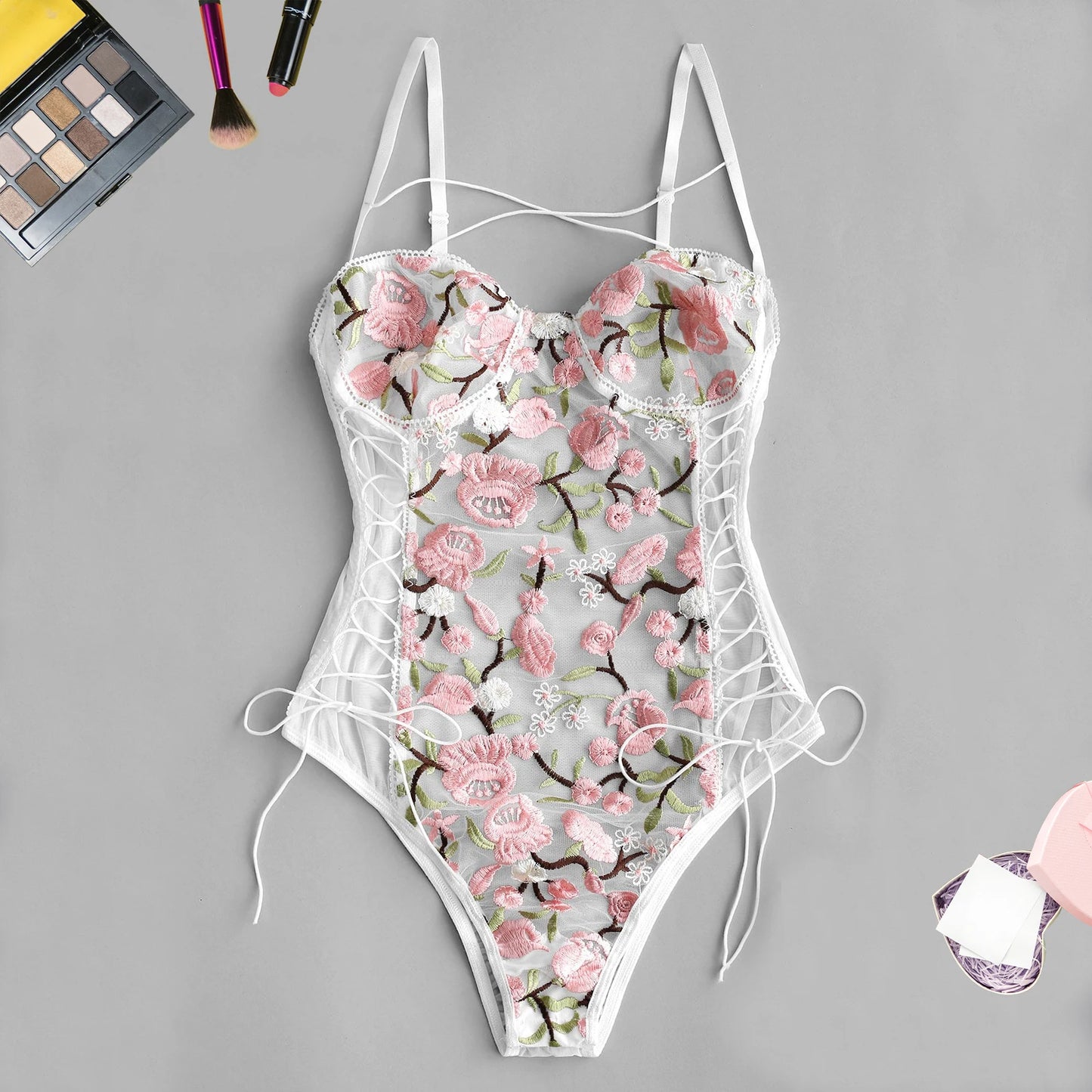 Embroidered Women's Lace One-piece Bodysuit Underwear with Spaghetti Strap Open Back Sexy Girl Bra Set Temptation Onesie