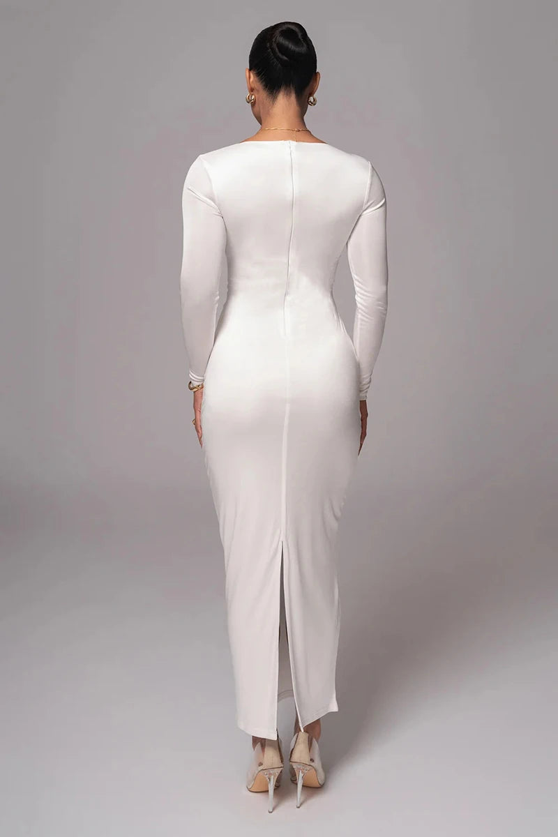 Mozision hollow out long sleeve sexy maxi dress for women fashion solid V neck back split bodycon club long dress elegant