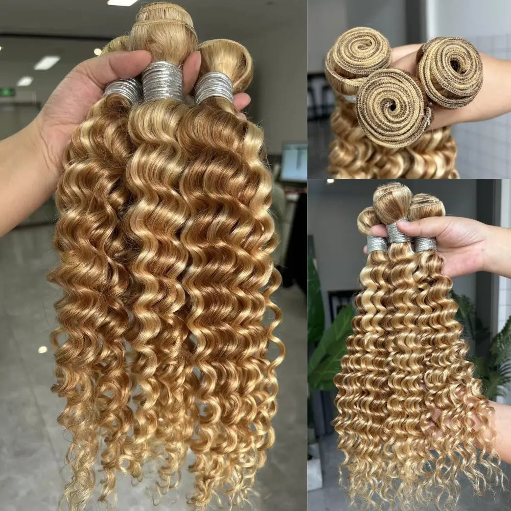 Maxine Highlight Blonde 613 Deep Wave Human Hair Bundles P27/613 Blonde Curly Weave Bundles Deep Wave Colored Bundles Human Hair