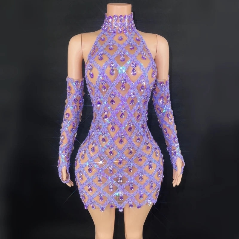 High Quality Sparkling Rainestone Sexy Bodycon Mini Dress Birthday Celebrate Evening Party Dress