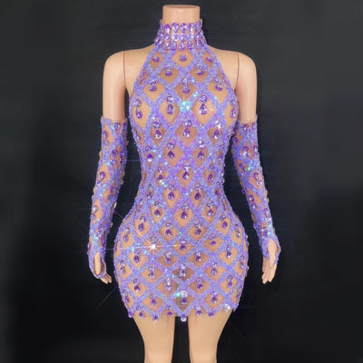 High Quality Sparkling Rainestone Sexy Bodycon Mini Dress Birthday Celebrate Evening Party Dress