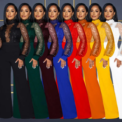 Fashion Women's Clothing Hollow Long-sleeved Loose Wide Leg Jumpsuits Overall Pants Solid Color Sexy Lace