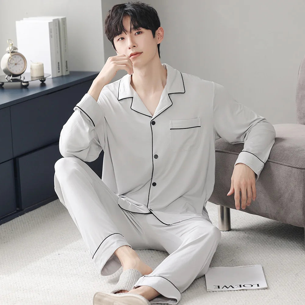 Autumn Pajamas Sets Men Long Sleeve Modal Cotton Thin Teenage Boys' Large Size Spring Outwear Home Cloth Suit Sleepwear Male