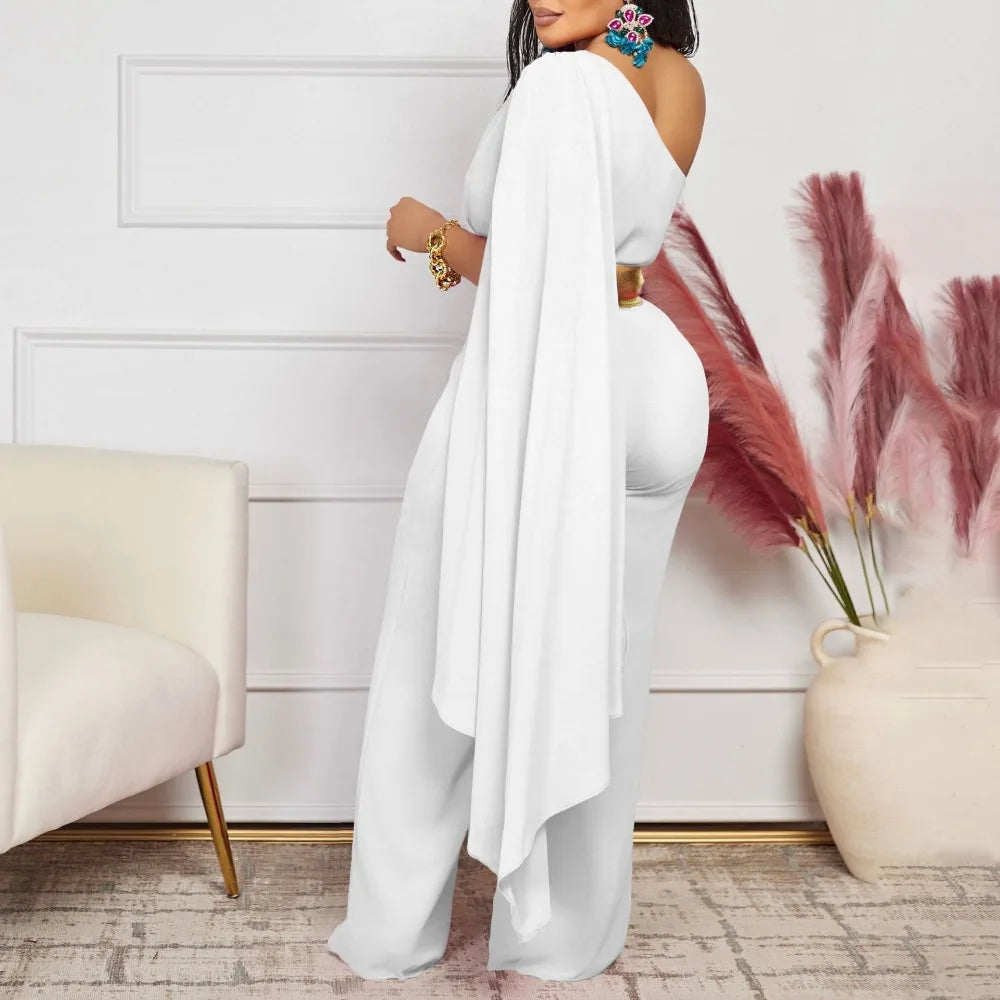 Elegant Women One Shoulder Jumpsuit with Belt Long Sleeve Spring Summer Plus Size One Piece Fashion Sexy Ladies Rompers 2024