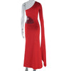 DSMTRC Solid Trend Incline Shoulder Lengthen Single Sleeve Hollow High Street Women Maxi Dress Sexy Elegant Vestidos Attirewear