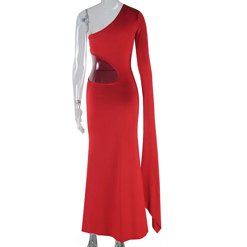 DSMTRC Solid Trend Incline Shoulder Lengthen Single Sleeve Hollow High Street Women Maxi Dress Sexy Elegant Vestidos Attirewear