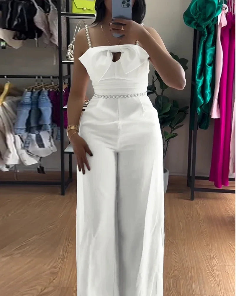 Spring New Jumpsuit Women Bandeau Beaded Spaghetti Strap Bowknot Design Ruched Slim Fit Elegant Wide-Leg Overall Female Jumpsuit