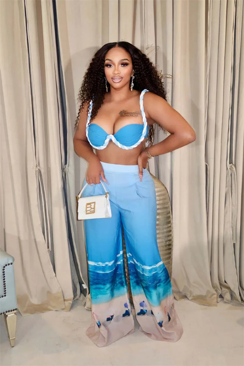 Sexy Nightclub Outfits for Women 2 Piece Set Birthday Vacation Bra Crop Top and Print Wide Leg Pants Matching Sets Beach Wear