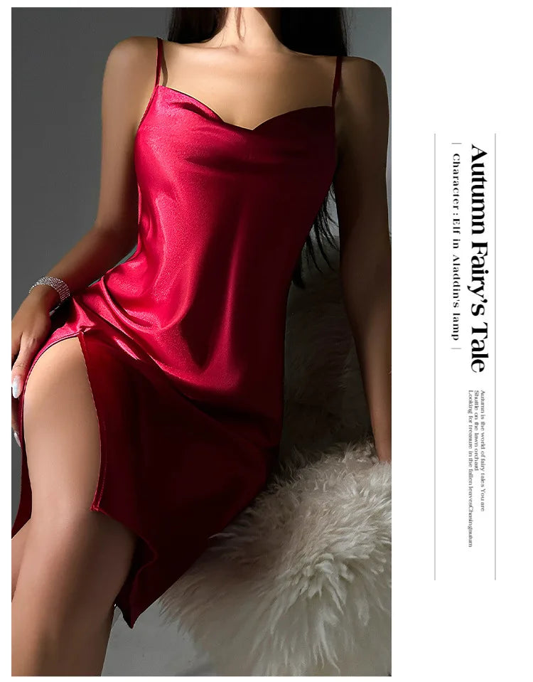 Summer New Chemise Nightgown Sexy Backless Spaghetti Strap Nightdress Sleepwear Women Loose Satin Home Wear Intimate Lingerie
