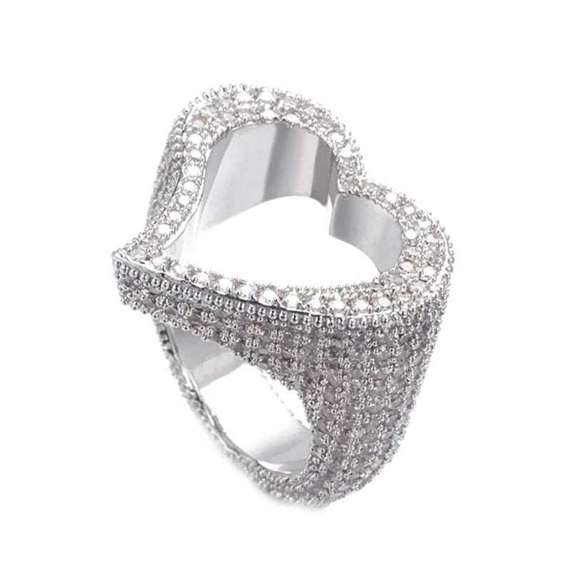 New Full Iced Out Bling Hollow Heart Ring Gold Silver Color 5A CZ Micro Pave Cubic Zircon Rings Hip Hop Punk Men Women Jewelry
