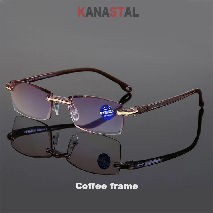 Men Blue Light Blocking Reading Glasses Women Dimond Cutting Rimless Eyeglasses Frame Anti Fatigue Hyperopia Presbyopic Eyewear