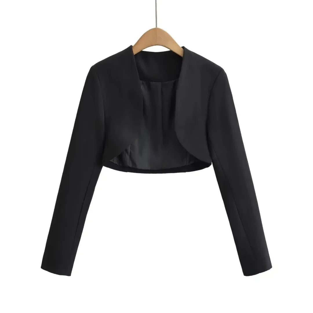 2023 Autumn V neck Open stitching Cropped Blazer Women Full Sleeve Short Suits Fashion Outerwear