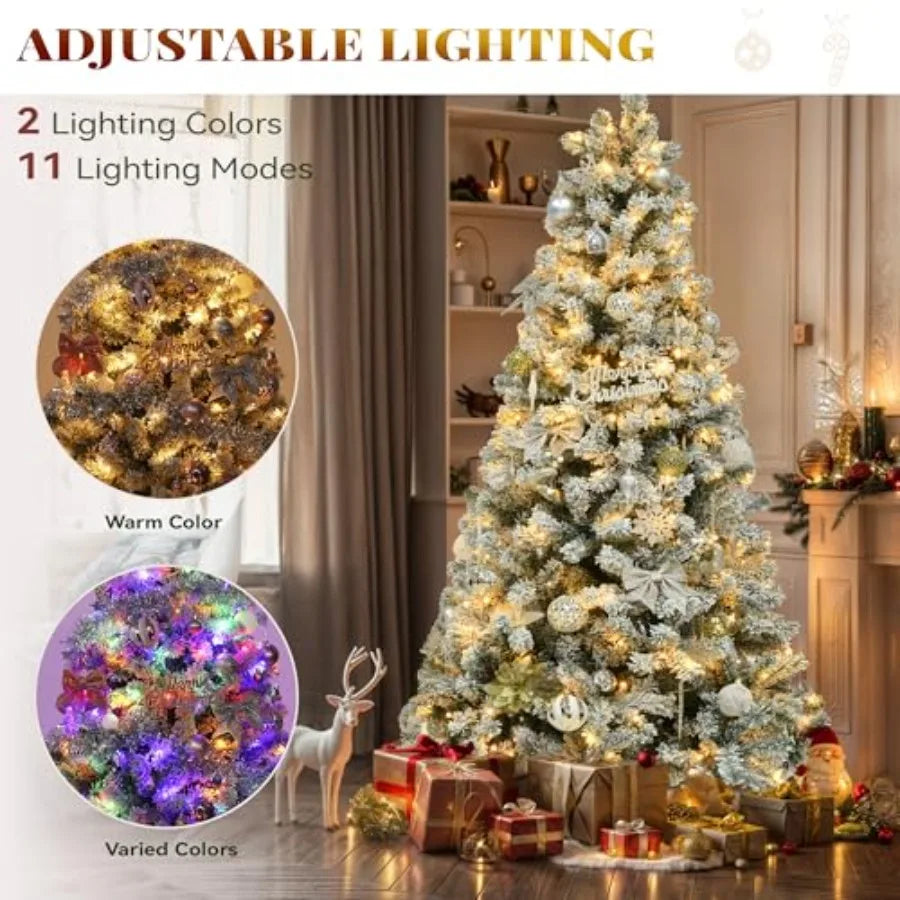 Prelit Snow Flocked Artificial Full Christmas Tree 9ft with Remote Control Christmas Pine Tree with 11 LightModes 2094 Branch T