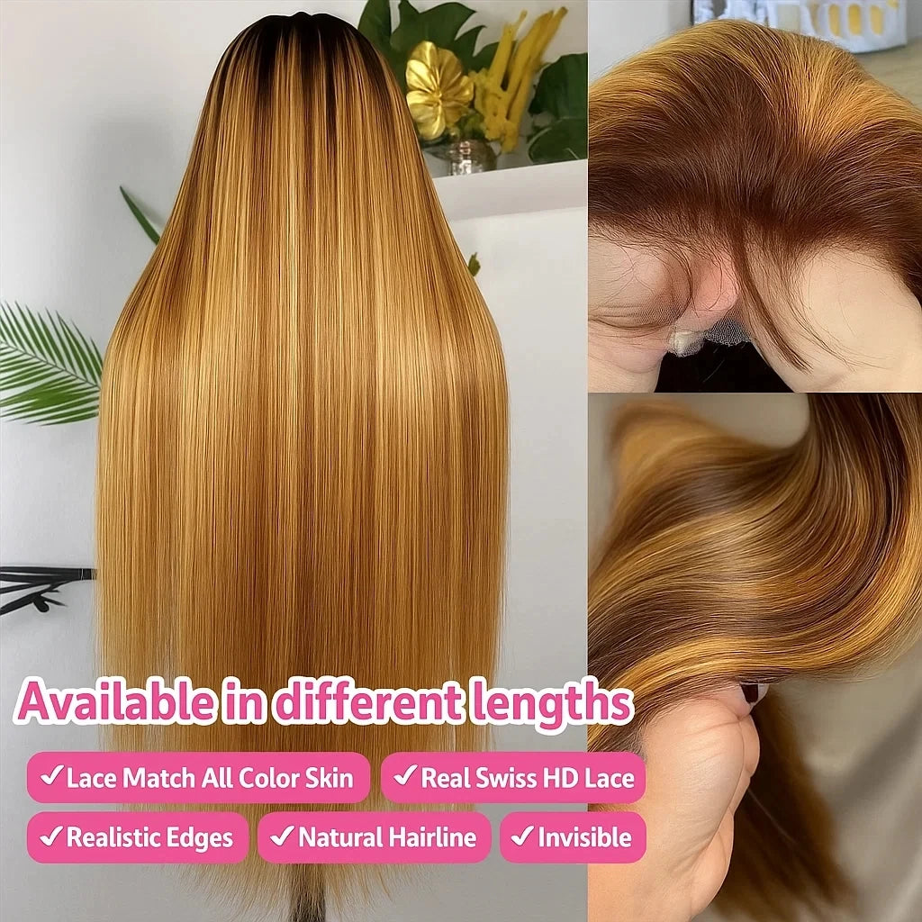 P4/27 Highlight Bone Straight 13x4 HD Lace Frontal Wigs Human Hair Brazilian Ombre Honey Blonde Colored Human Hair Wig For Women