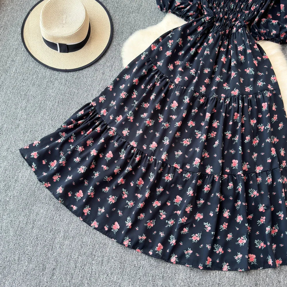 2024 New Summer Flower Print Long Dress Women Vintage Square Neck Ruched Chest Sash Bandage Sundress Party Vestidos