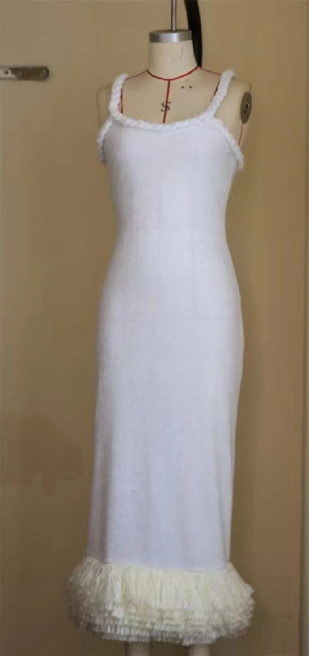 Fashion Yellow Tassel Knitted Sling Midi Dress for Women 2024 Sexy Backless Sleeveless Summer Beach Party Lady Robes