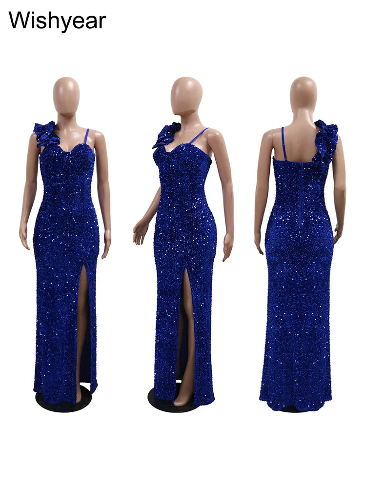 New Sexy Slit Leg Padded Long Cocktail Prom Dress Women‘s Luxury Sequin Strap Evening Party Wedding Gown Birthday Night Vestidos
