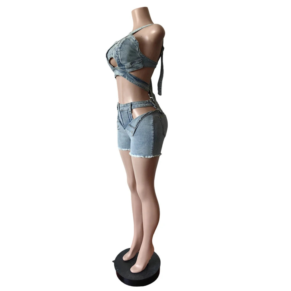 Sexy Jean Women Short Sets Straps Denim Crop Top and Cut Out Shorts Set 2025 Summer Clothes Streetwear Two 2 Piece Club Outfits