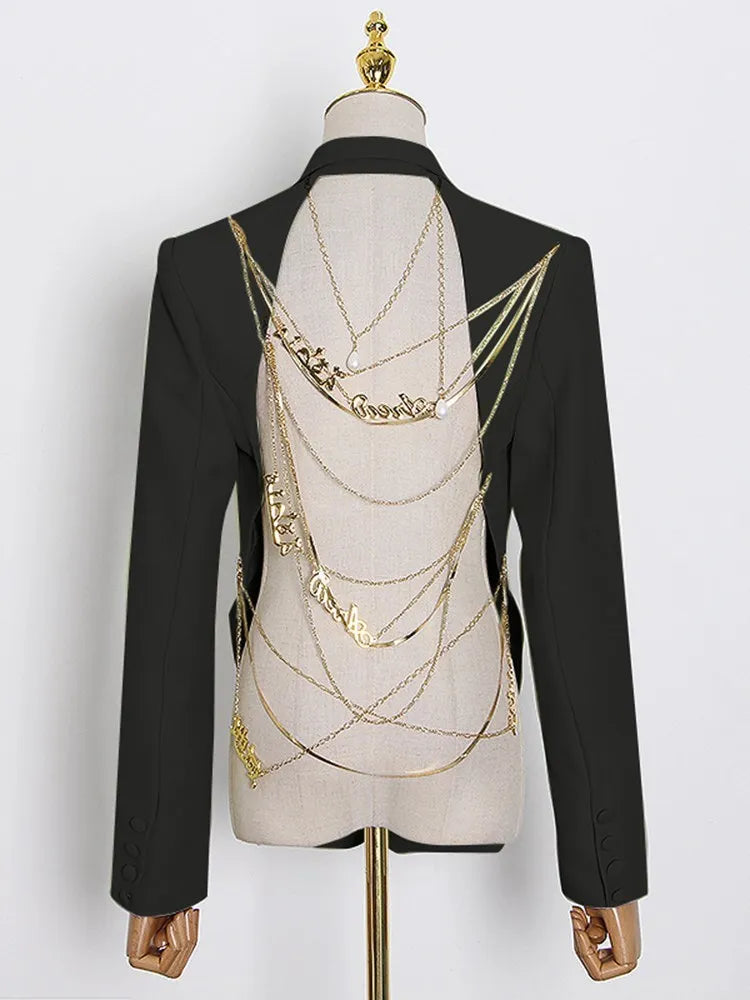 TWOTWINSTYLE Backless Spliced Button Blazers For Women Notched Collar Long Sleeve Patchwork Chain Chic Blazer Female Fashion New