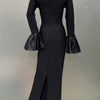 STOCK Shining Diamonds Neck Flare Sleeve Black Long Bandage Dress Elegant Woman Evening Party Dress Cocktail Party Outfit