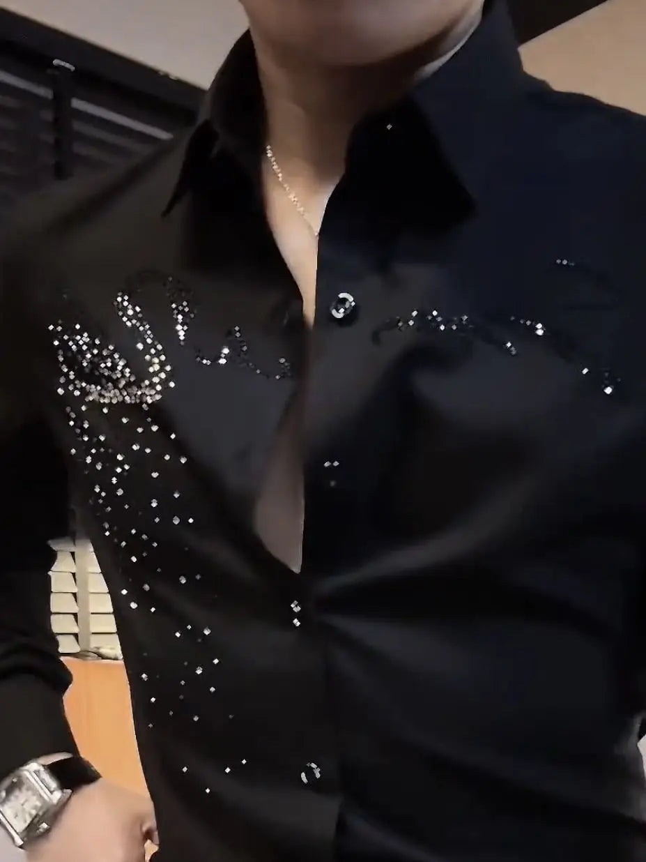 Spring Autumn Men's Korean Fashion Business Casual Rhinestone Button Up Shirt Male England Black Long Sleeve Slim Handsome Tops