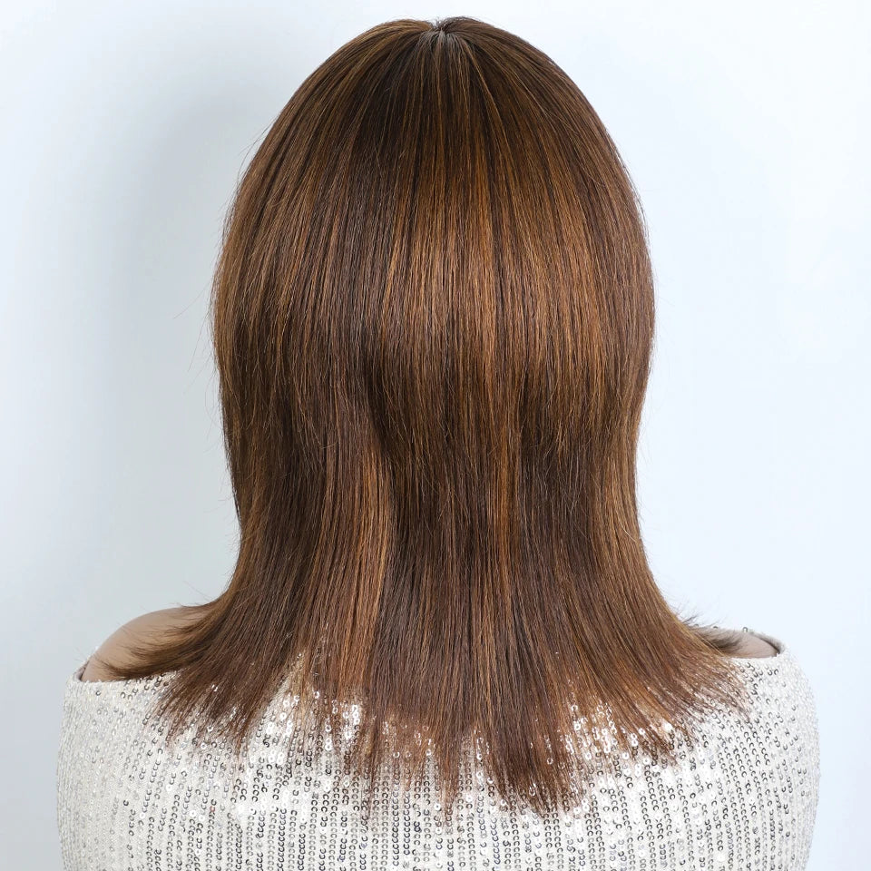 Lekker 12" Short Brown Wolf Cut Straight Bob Human Hair Wigs With Bangs For Women Brazilian Remy Hair Ready to Wear Glueless Wig