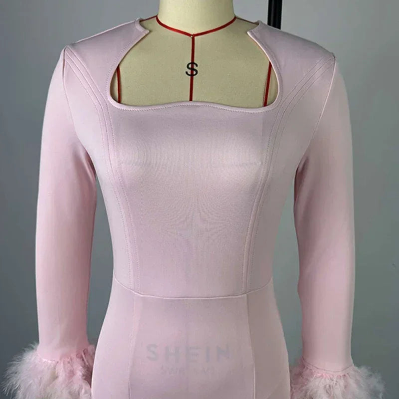 New Arrival Women Sexy High Waisted Long Sleeve Feather Trim Split Bandage Dress OL 2025 Elegant Evening Club Party Dresses