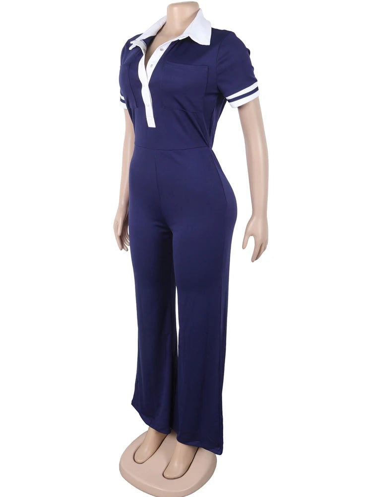 Beyprern Women's Turn-Down Collar Patchwork Wide Legs Jumpsuits Fashion Short Sleeve Stretchy Fitted Overall Night Club Outfits