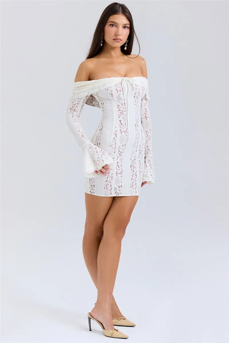 Mozision Floral Lace Off-shoulder Maxi Dress For Women White Strapless Backless Long Sleeve Bodycon Club Party Sexy Long Dress