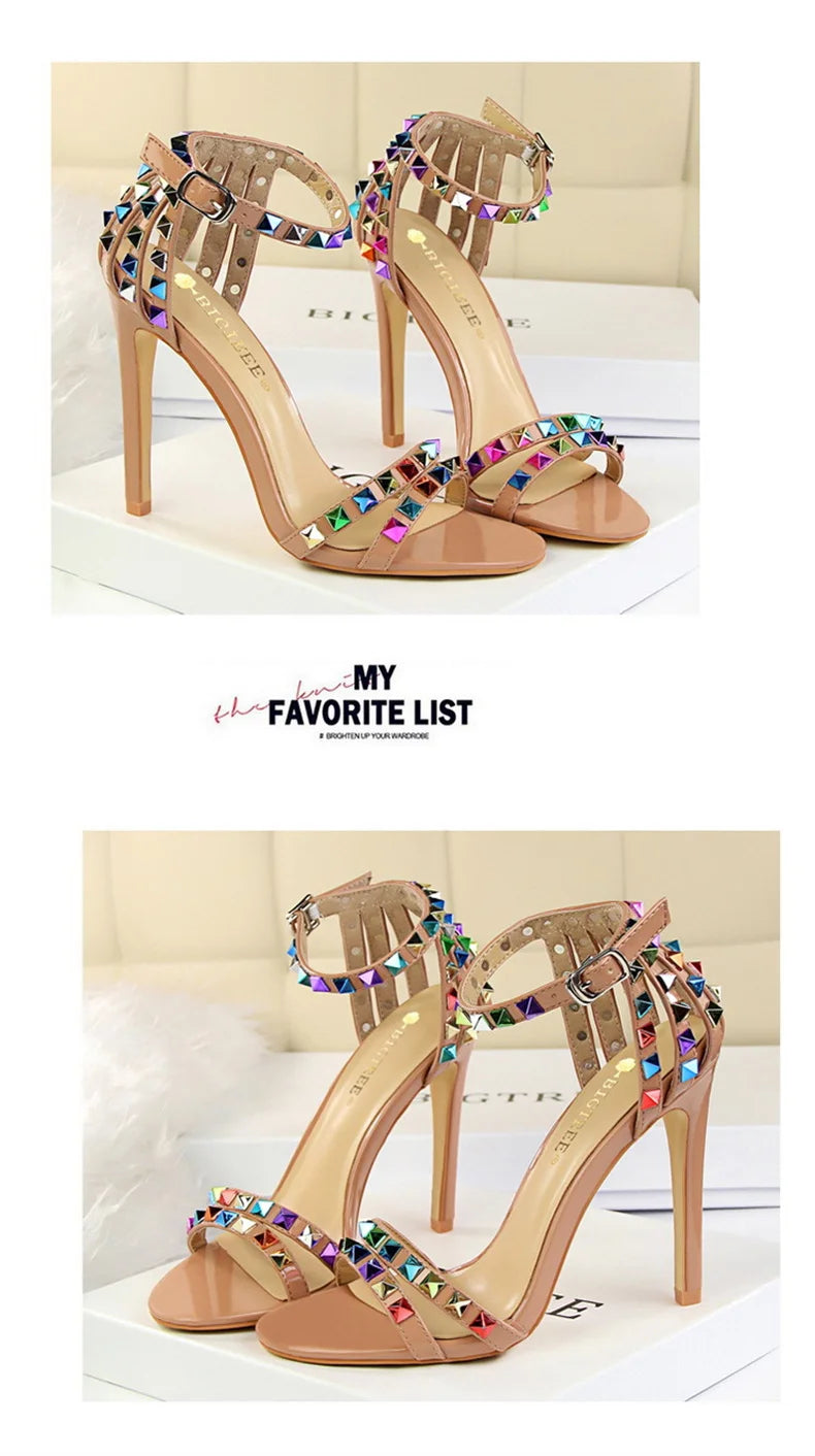 Summer Women Roman High Heels Rivets Studded Sandals Stiletto Gladiator Pumps Open Toe Luxury Shoes Hollow One-word Buckle 267-2