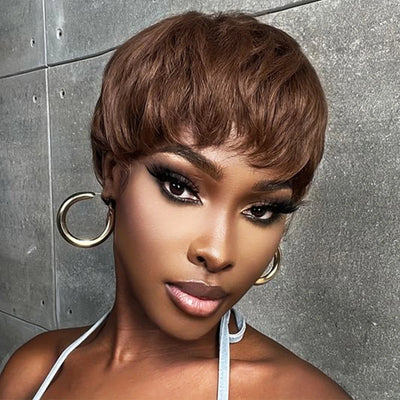 Chocolate Brown Short Pixie Cut Wig Human Hair For Black Women Machine Made Wigs With Bangs Brown Pixi Short Human Hair Wigs