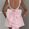 Elegant Pearl Bow Backless Short Dress Women's Sleeveless Party Cute Mini Dresses Black White Pink Chic Birthday Evening Y2K New