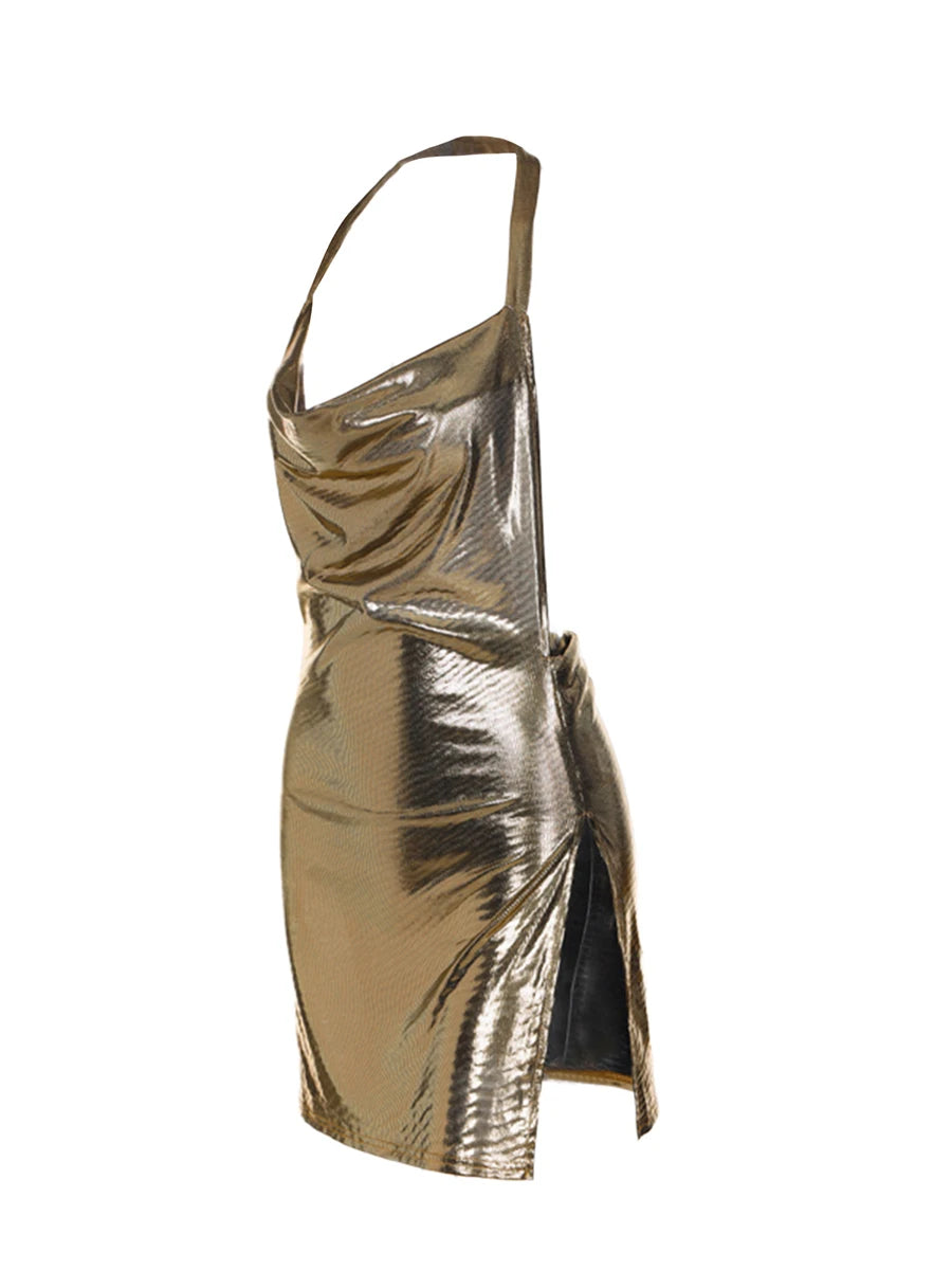 Sexy Sparkly Dress Halter V Neck Cami Mini Bodycon Club Party Dress Glitter Sleeveless High Slit Dress