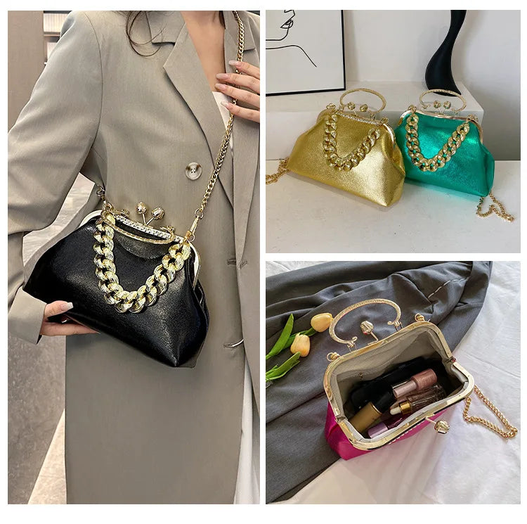 2024 Luxury Women Gold Green Chain Messenger Bags PU Leather Shoulder Bags Shell Clip Designer Handbag And Purse Wedding Clutch
