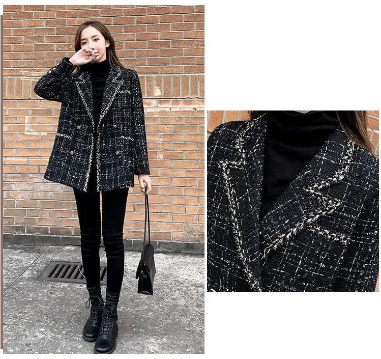 Tweed Plaid Suit Jacket Women Outwear Loose Mid-Length Double-Breasted Casual Woolen Blazer Top 2024 Spring Autumn New Chic Suit