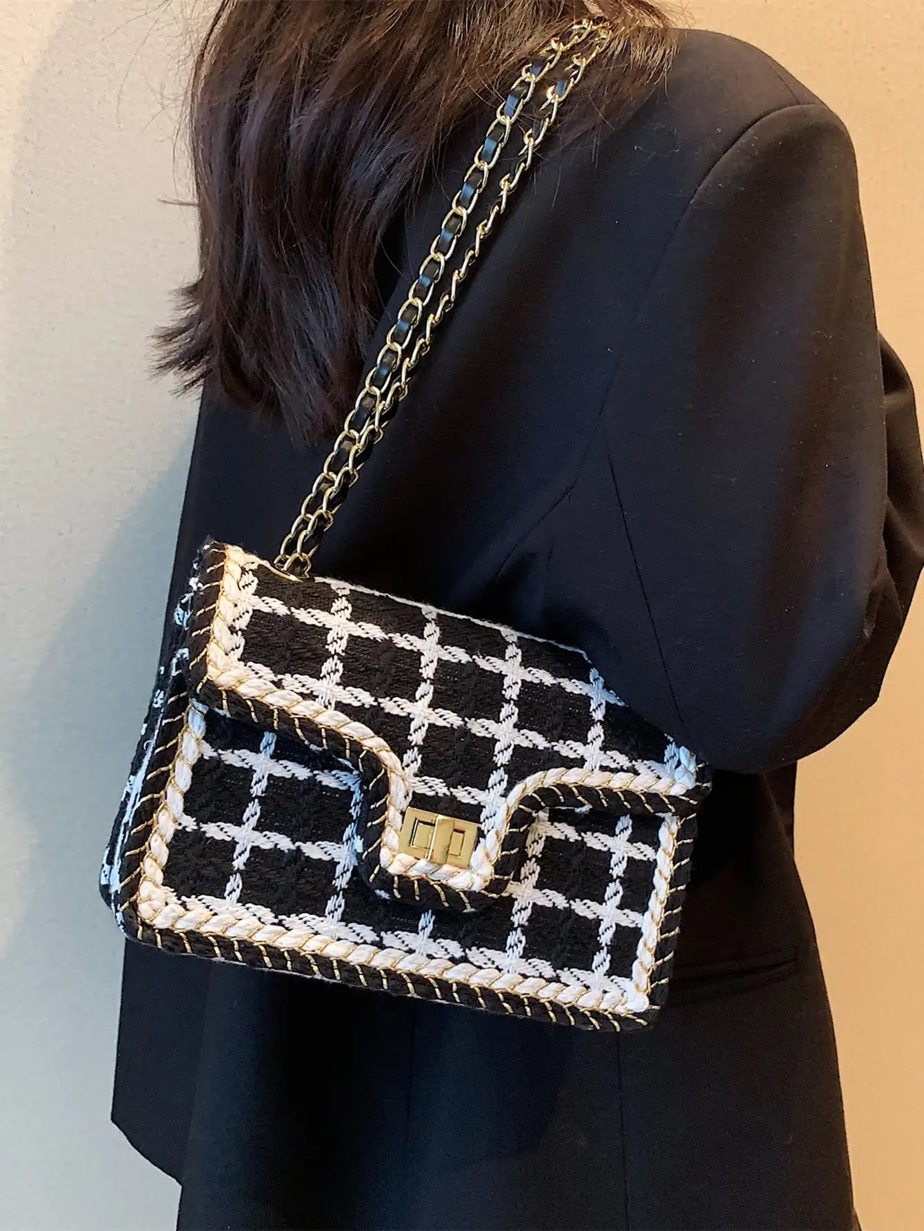 Black & White Plaid Casual Shoulder Bag Crossbody Handbag Women's Shoulder Bags Handbags With Top Handle Fashion Square Bag