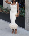 Fashion Yellow Tassel Knitted Sling Midi Dress for Women 2024 Sexy Backless Sleeveless Summer Beach Party Lady Robes