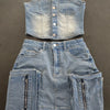Y2k Fashion Vintage Washed Denim Set Women Off Shoulder Cropped Top Mini Skirt Jean Suit Summer Streetwear 2 Two Piece Outfits