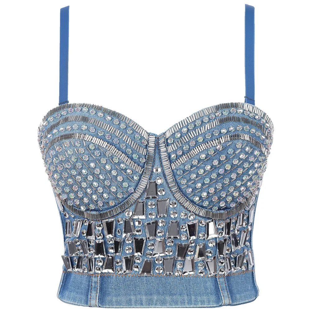 Irene Tinnie Sexy Cute Hole Cartoon Decoration Push Up Bustier Women's Denim Bralette Cropped Top Vest Plus Size