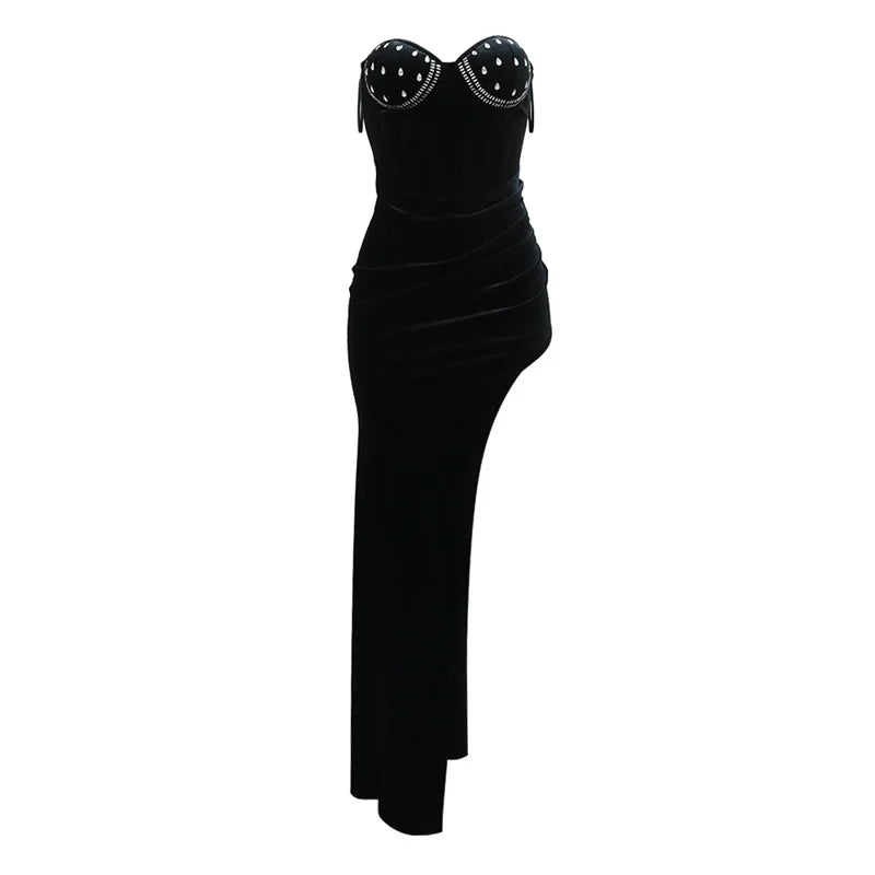 Sleeveless Strapless Bodycon Sexy Irregular Velvet Dress Women High Slit Slim Glam Crystal Rhinestone Long Party Nightclub Dress
