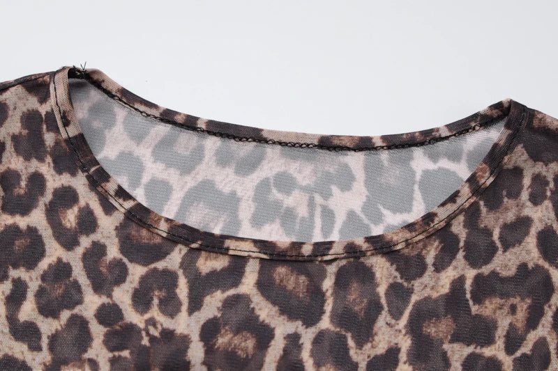 Dress Summer Women Leopard Print Mesh O Neck Long Sleeve Sexy See Through Maxi  Fashion Outfits Beach Vacation Nightclub