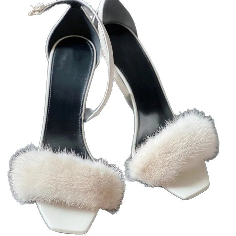 2025 Early Spring New Mink Hair High Heels One-word Sandals Square Head Stiletto Women's Shoes