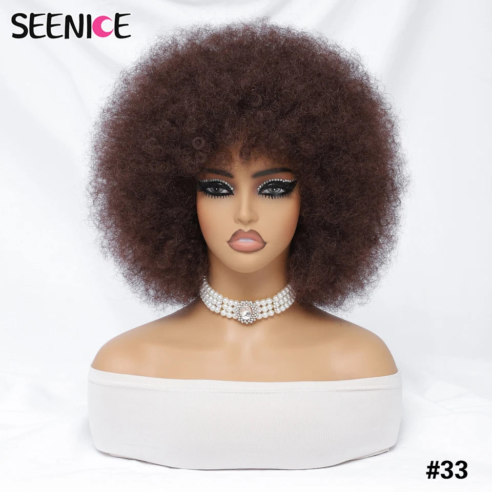 Short Afro Wigs for Black Women Blonde 10" Afro Curly Wig With Bangs 70s Bouncy Natural Synthetic Female Wigs for Party Cosplay