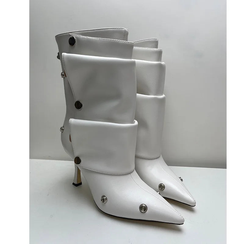 2025 Classics Women Pointed Toe Strange Heels Boots For Woman's Rivet Button Zipper-Sid Solid Color High Heels Shoes Botas Altas