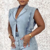 HLJ High-quality Fashion Denim Rompers Women Lapel Sleeveless Hollow Button One Piece Jumpsuits Female Streetwear Overalls New