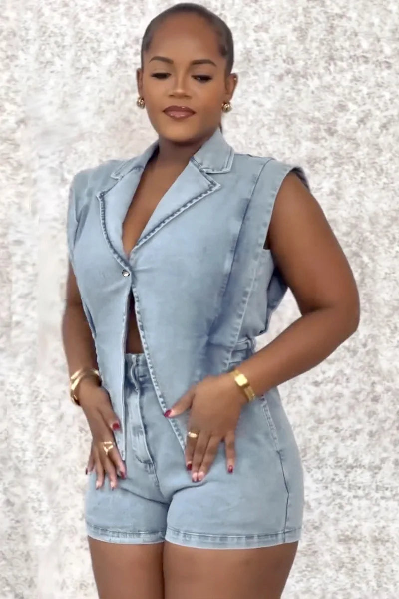 HLJ High-quality Fashion Denim Rompers Women Lapel Sleeveless Hollow Button One Piece Jumpsuits Female Streetwear Overalls New