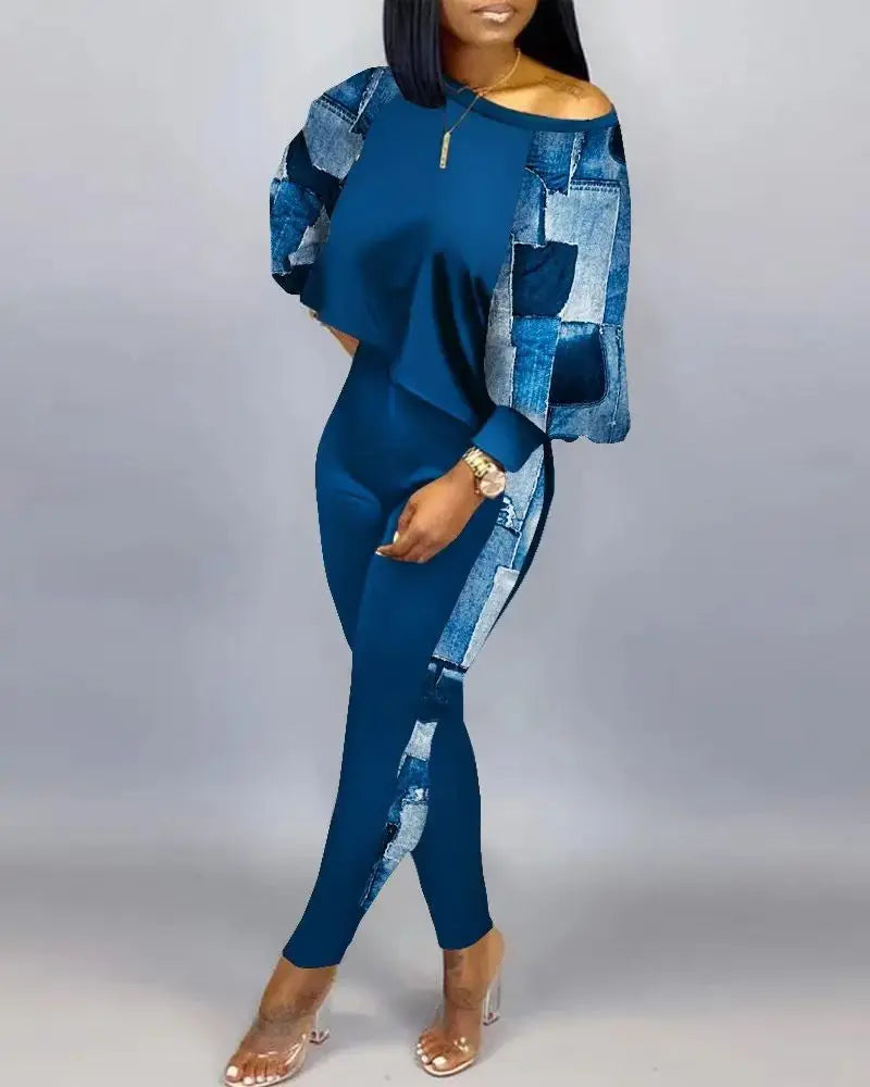 2024 New Autumn Women's Long-Sleeved Round Neck Off-Shoulder Fashion Casual Suit Pants Set Woman Coordinated Pants Sets