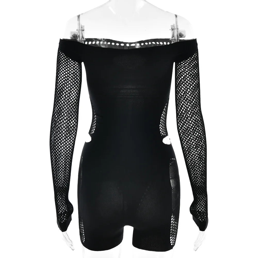 HLJ Sexy Hollow Out Rompers Women Off Shoulder See Through Long Sleeve Bodycon Playsuits Jumpsuits Female Party Clubwear New
