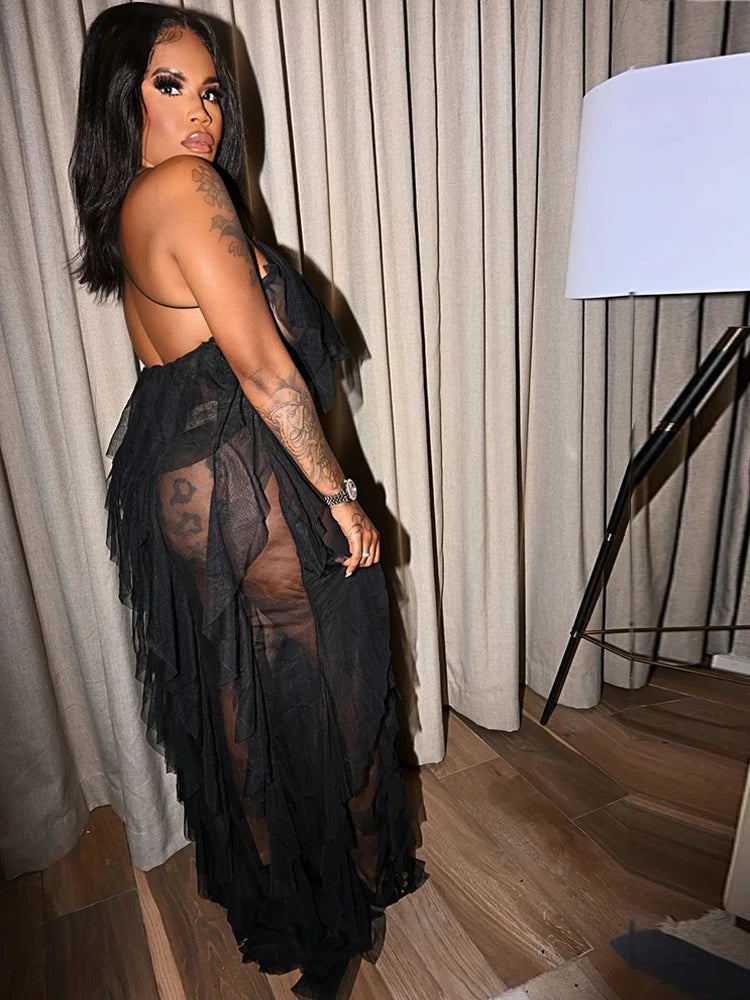Chic and Elegant Summer Dress Women Halter Sexy Birthday Dress Transparent Mesh Backless Maxi Dress Wholesale Dropshipping